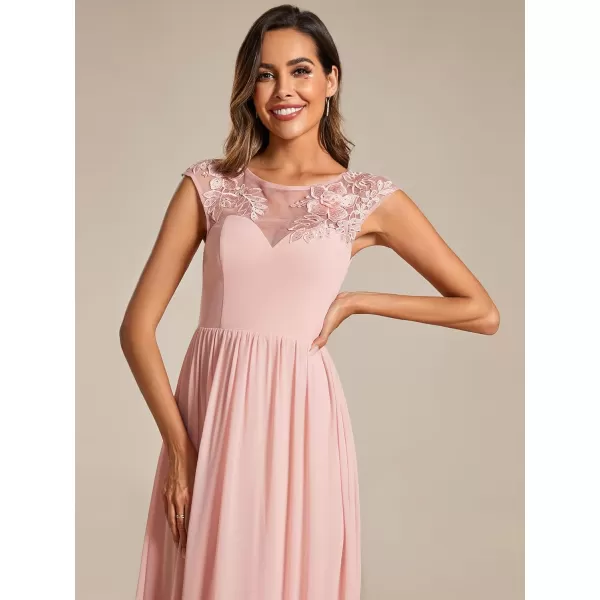 EverPretty Womens Crew Neck Cap Sleeve A Line Applique Maxi Formal Dresses 02087Pink