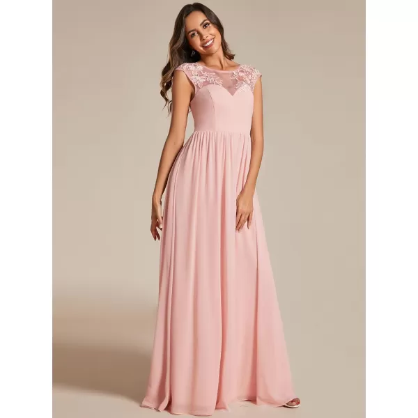 EverPretty Womens Crew Neck Cap Sleeve A Line Applique Maxi Formal Dresses 02087Pink