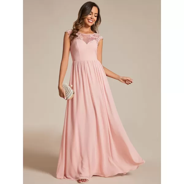 EverPretty Womens Crew Neck Cap Sleeve A Line Applique Maxi Formal Dresses 02087Pink