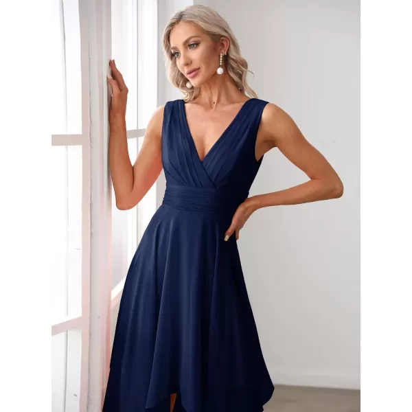 EverPretty Womens Crew Neck Pleated Waist Short Sleeve Wedding Guest Dress Chiffon Bridesmaid Dresses 03142Navy Blue