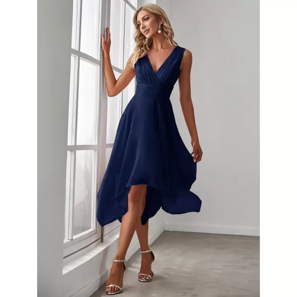 EverPretty Womens Crew Neck Pleated Waist Short Sleeve Wedding Guest Dress Chiffon Bridesmaid Dresses 03142Navy Blue