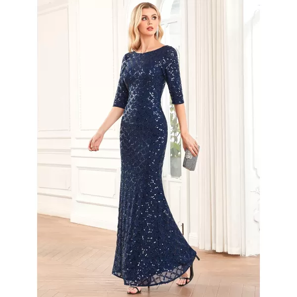 EverPretty Womens Crewneck 34 Sleeve Sequin Mermaid Maxi Glitter Evening Dresses 01401Navy Blue