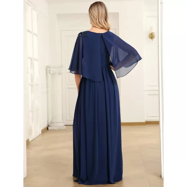 EverPretty Womens Crewneck ALine Short Sleeve Applique Chiffon Cape Long Formal Dress 0059ANavy Blue