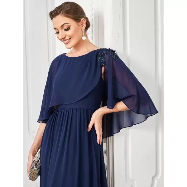 EverPretty Womens Crewneck ALine Short Sleeve Applique Chiffon Cape Long Formal Dress 0059ANavy Blue