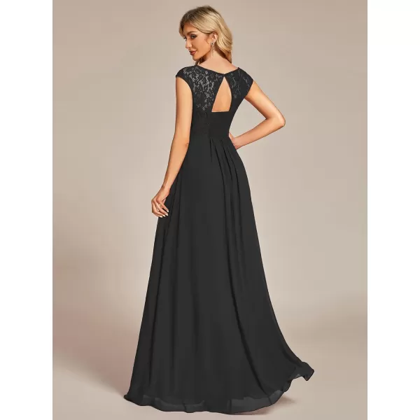 EverPretty Womens Crewneck Lace Cap Sleeve Pleated A Line Chiffon Bridesmaid Dresses 01745Black