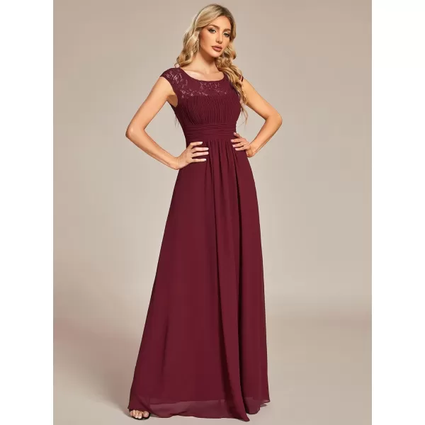 EverPretty Womens Crewneck Lace Cap Sleeve Pleated A Line Chiffon Bridesmaid Dresses 01745Burgundy