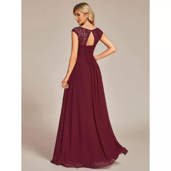 EverPretty Womens Crewneck Lace Cap Sleeve Pleated A Line Chiffon Bridesmaid Dresses 01745Burgundy