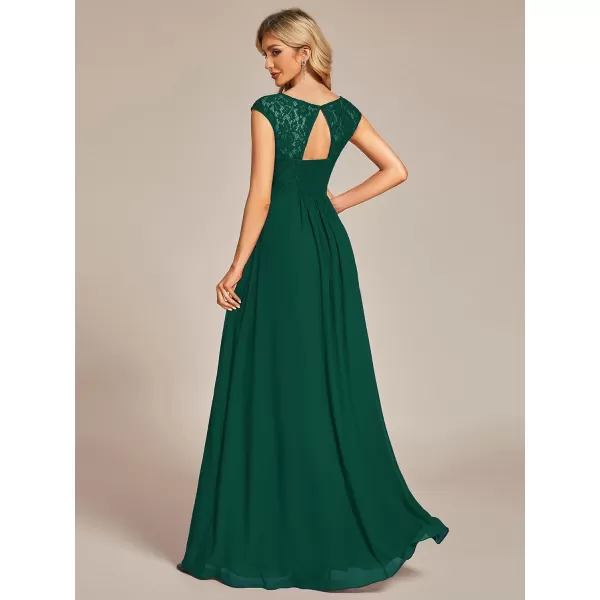 EverPretty Womens Crewneck Lace Cap Sleeve Pleated A Line Chiffon Bridesmaid Dresses 01745Dark Green