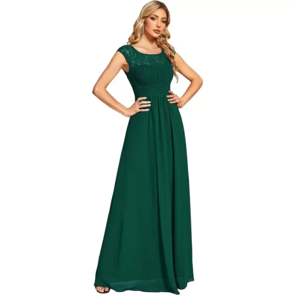 EverPretty Womens Crewneck Lace Cap Sleeve Pleated A Line Chiffon Bridesmaid Dresses 01745Dark Green