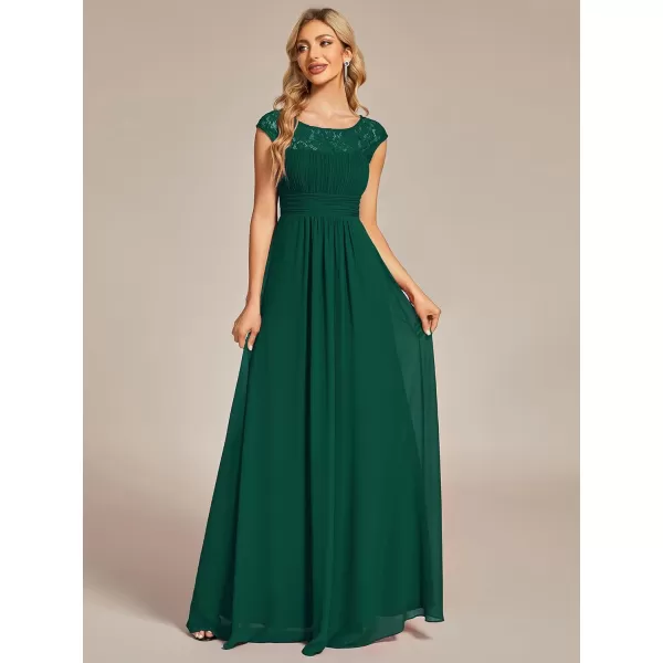 EverPretty Womens Crewneck Lace Cap Sleeve Pleated A Line Chiffon Bridesmaid Dresses 01745Dark Green