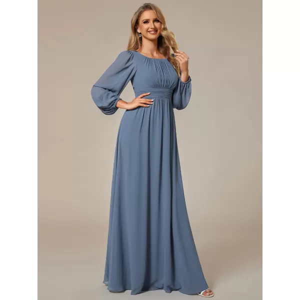 EverPretty Womens Crewneck Lantern Sleeve ALine Chiffon Maxi Formal Dress 0106BDusty Navy