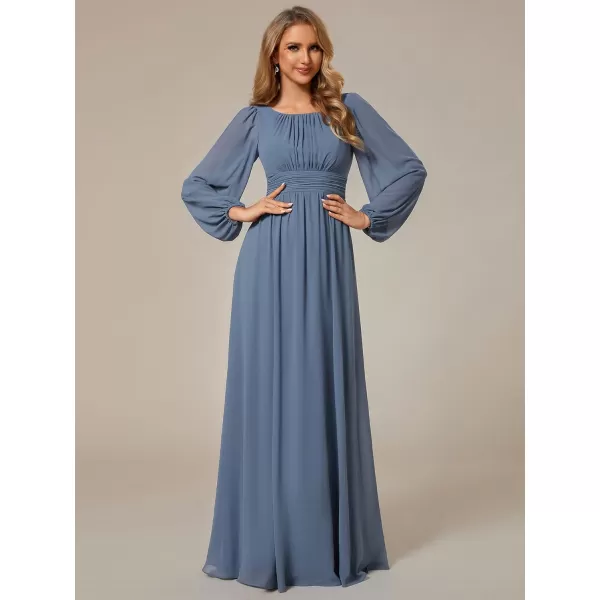 EverPretty Womens Crewneck Lantern Sleeve ALine Chiffon Maxi Formal Dress 0106BDusty Navy