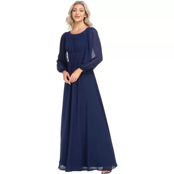 EverPretty Womens Crewneck Lantern Sleeve ALine Chiffon Maxi Formal Dress 0106BNavy Blue