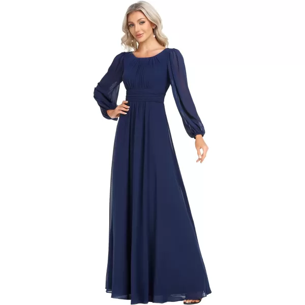 EverPretty Womens Crewneck Lantern Sleeve ALine Chiffon Maxi Formal Dress 0106BNavy Blue