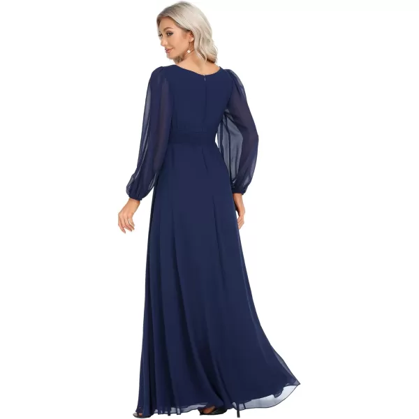 EverPretty Womens Crewneck Lantern Sleeve ALine Chiffon Maxi Formal Dress 0106BNavy Blue