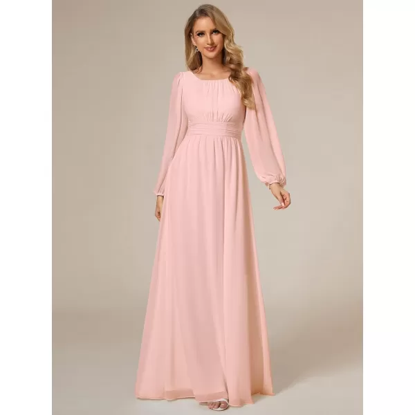 EverPretty Womens Crewneck Lantern Sleeve ALine Chiffon Maxi Formal Dress 0106BPink