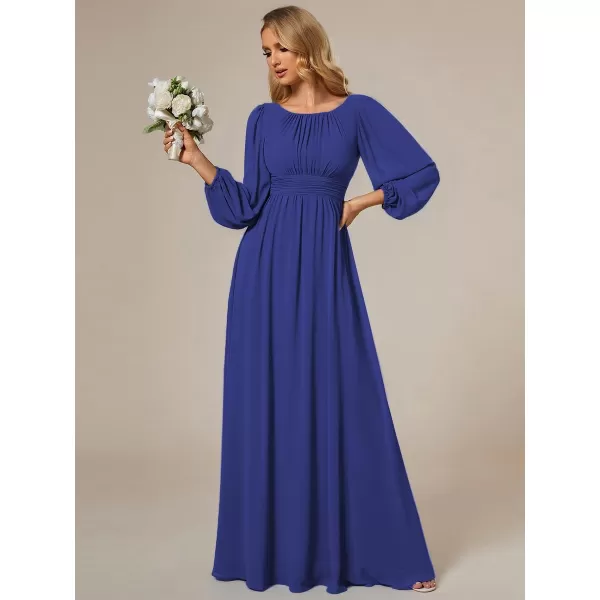 EverPretty Womens Crewneck Lantern Sleeves ALine Pleated Chiffon Maxi Formal Dress 0106BSapphire Blue