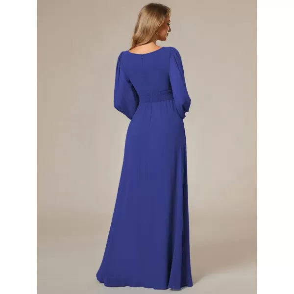 EverPretty Womens Crewneck Lantern Sleeves ALine Pleated Chiffon Maxi Formal Dress 0106BSapphire Blue