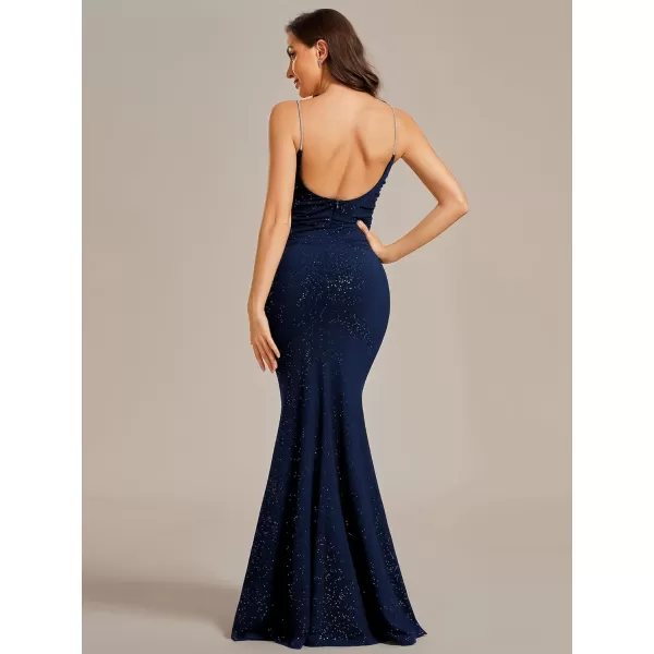 EverPretty Womens Crystal Spaghetti Strap Scoop Neck Glitter Bodycon Mermaid Evening Dress 01945Navy Blue