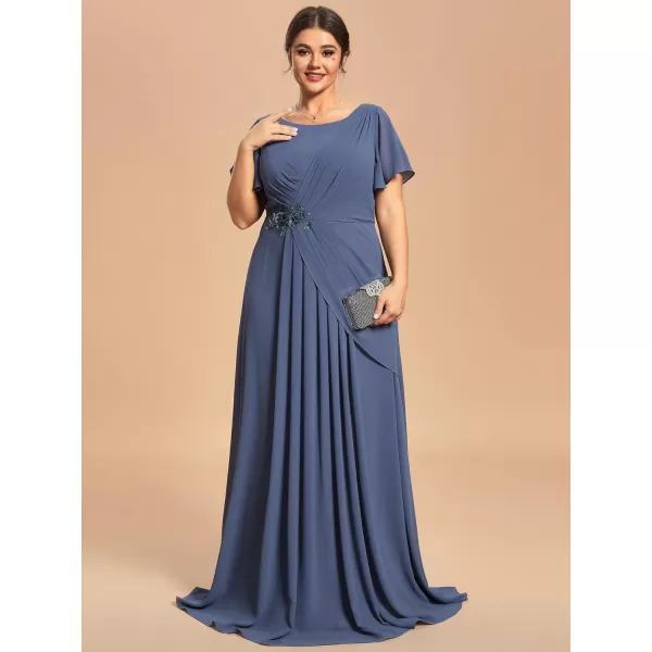 EverPretty Womens Custom Scoop Ruffled Sleeves Chiffon Ruched A Line Summer Formal Dress 01823PZStormy Blue