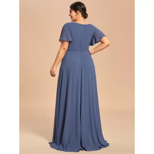 EverPretty Womens Custom Scoop Ruffled Sleeves Chiffon Ruched A Line Summer Formal Dress 01823PZStormy Blue