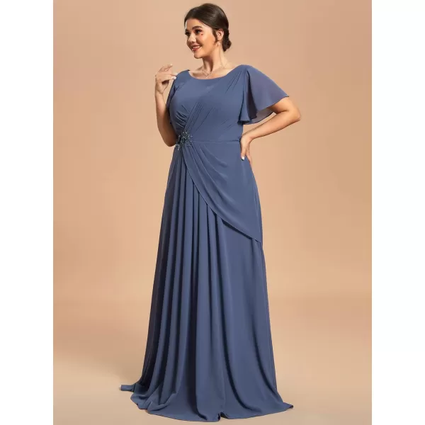 EverPretty Womens Custom Scoop Ruffled Sleeves Chiffon Ruched A Line Summer Formal Dress 01823PZStormy Blue