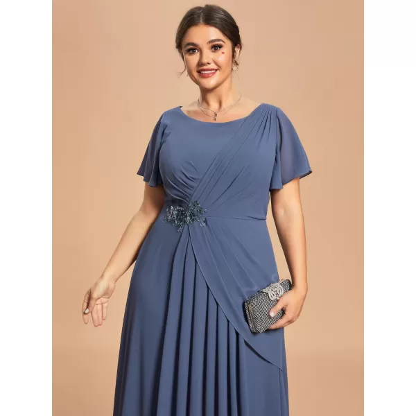 EverPretty Womens Custom Scoop Ruffled Sleeves Chiffon Ruched A Line Summer Formal Dress 01823PZStormy Blue