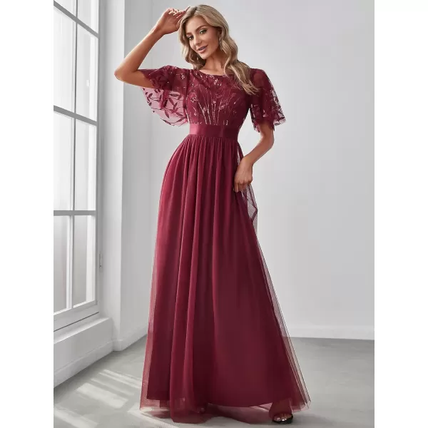 EverPretty Womens Customized Generous Sequin A Line Short Sleeves Embroidered Floor Length Evening DressesBurgundy