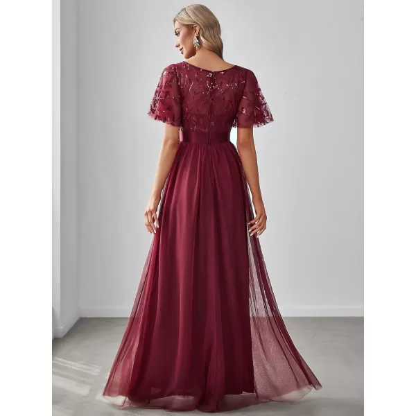 EverPretty Womens Customized Generous Sequin A Line Short Sleeves Embroidered Floor Length Evening DressesBurgundy