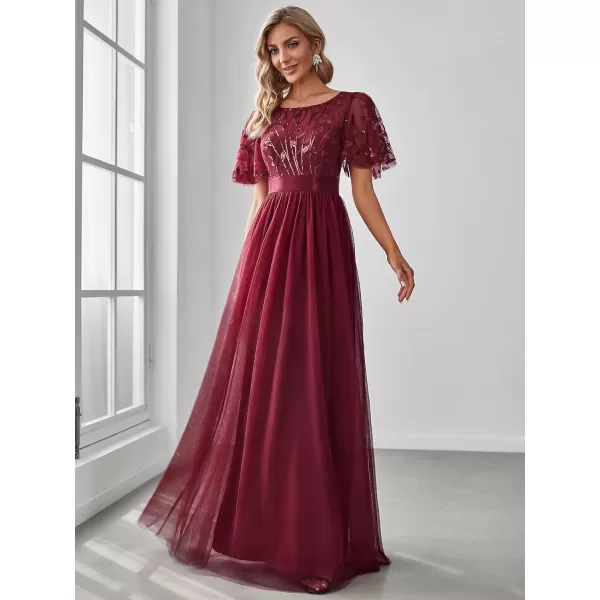 EverPretty Womens Customized Generous Sequin A Line Short Sleeves Embroidered Floor Length Evening DressesBurgundy