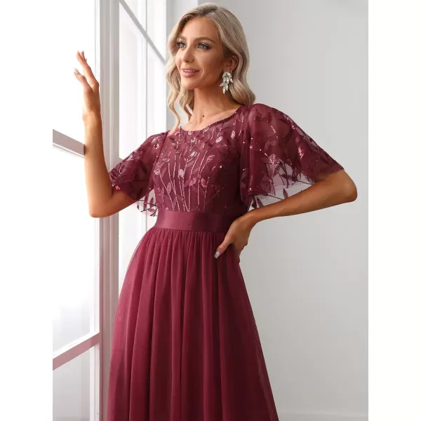 EverPretty Womens Customized Generous Sequin A Line Short Sleeves Embroidered Floor Length Evening DressesBurgundy