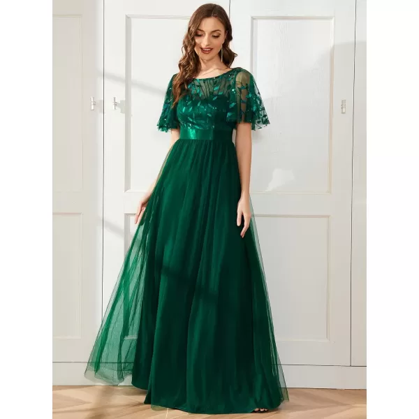 EverPretty Womens Customized Generous Sequin A Line Short Sleeves Embroidered Floor Length Evening DressesDark Green