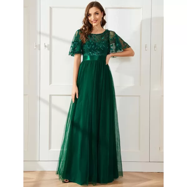 EverPretty Womens Customized Generous Sequin A Line Short Sleeves Embroidered Floor Length Evening DressesDark Green