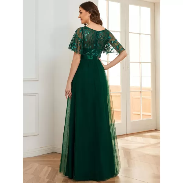 EverPretty Womens Customized Generous Sequin A Line Short Sleeves Embroidered Floor Length Evening DressesDark Green