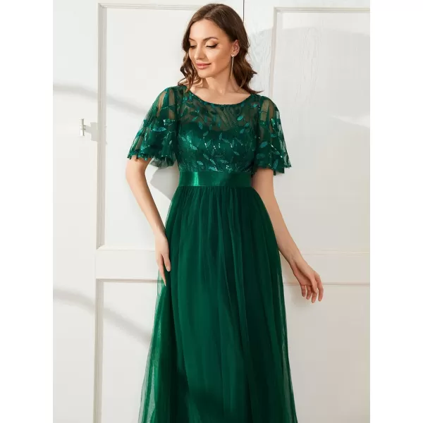 EverPretty Womens Customized Generous Sequin A Line Short Sleeves Embroidered Floor Length Evening DressesDark Green