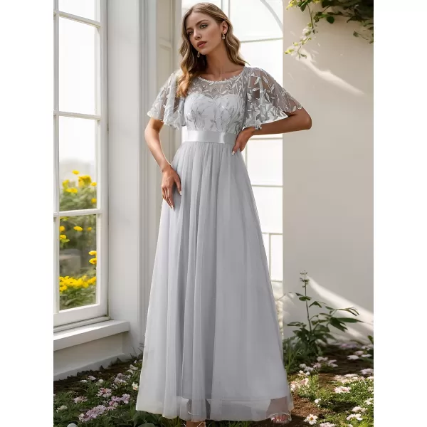 EverPretty Womens Customized Generous Sequin A Line Short Sleeves Embroidered Floor Length Evening DressesGrey