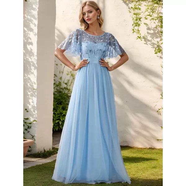 EverPretty Womens Customized Generous Sequin A Line Short Sleeves Embroidered Floor Length Evening DressesSky Blue