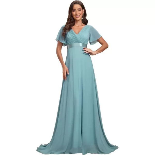 EverPretty Womens Customized Short Sleeve Double VNeck Chiffon Maxi Bridesmaid DressesDusty Blue