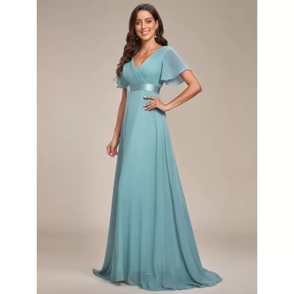 EverPretty Womens Customized Short Sleeve Double VNeck Chiffon Maxi Bridesmaid DressesDusty Blue