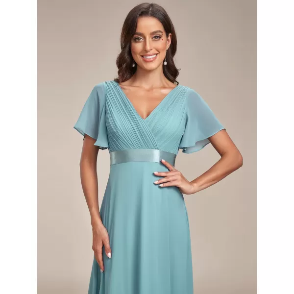 EverPretty Womens Customized Short Sleeve Double VNeck Chiffon Maxi Bridesmaid DressesDusty Blue