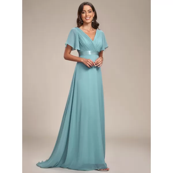 EverPretty Womens Customized Short Sleeve Double VNeck Chiffon Maxi Bridesmaid DressesDusty Blue