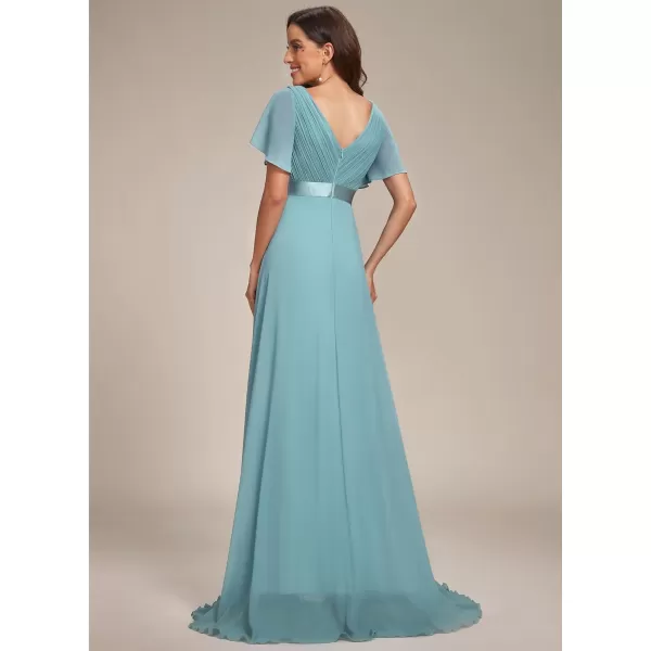 EverPretty Womens Customized Short Sleeve Double VNeck Chiffon Maxi Bridesmaid DressesDusty Blue