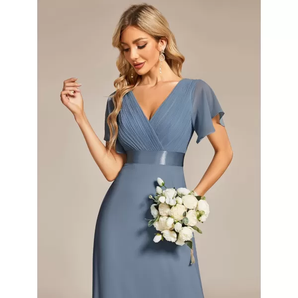 EverPretty Womens Customized Short Sleeve Double VNeck Chiffon Maxi Bridesmaid DressesDusty Navy