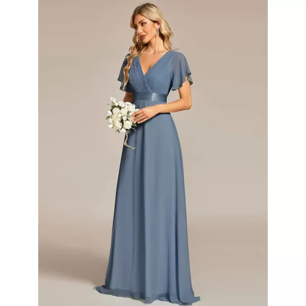 EverPretty Womens Customized Short Sleeve Double VNeck Chiffon Maxi Bridesmaid DressesDusty Navy