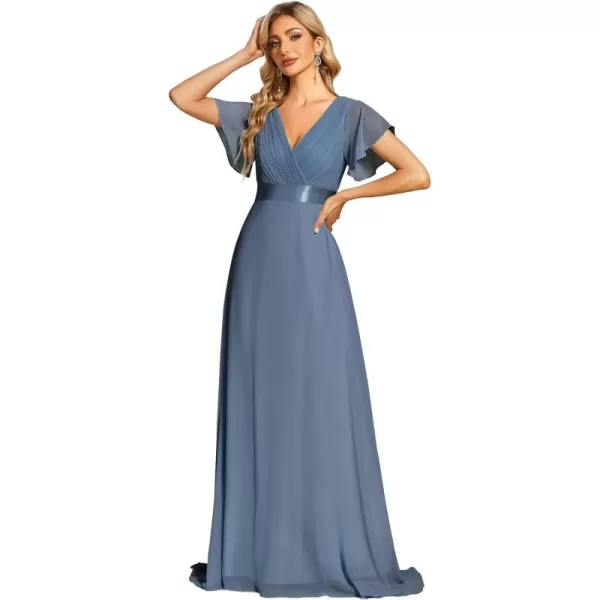 EverPretty Womens Customized Short Sleeve Double VNeck Chiffon Maxi Bridesmaid DressesDusty Navy