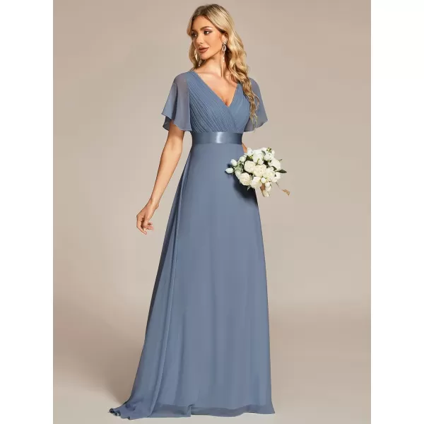 EverPretty Womens Customized Short Sleeve Double VNeck Chiffon Maxi Bridesmaid DressesDusty Navy