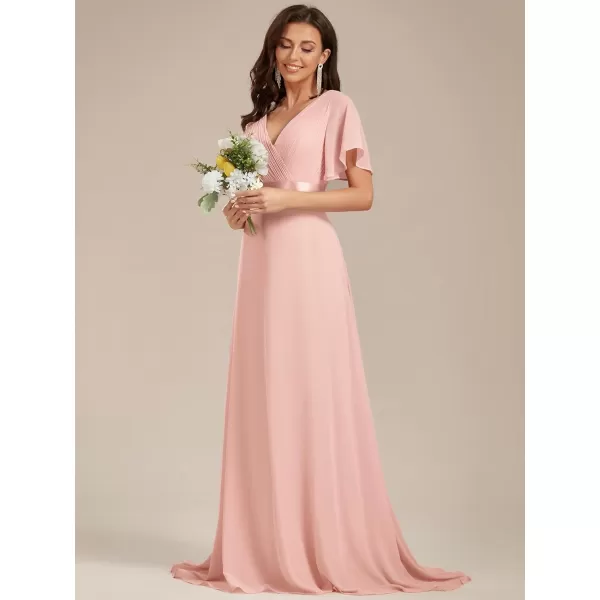 EverPretty Womens Customized Short Sleeve Double VNeck Chiffon Maxi Bridesmaid DressesPink