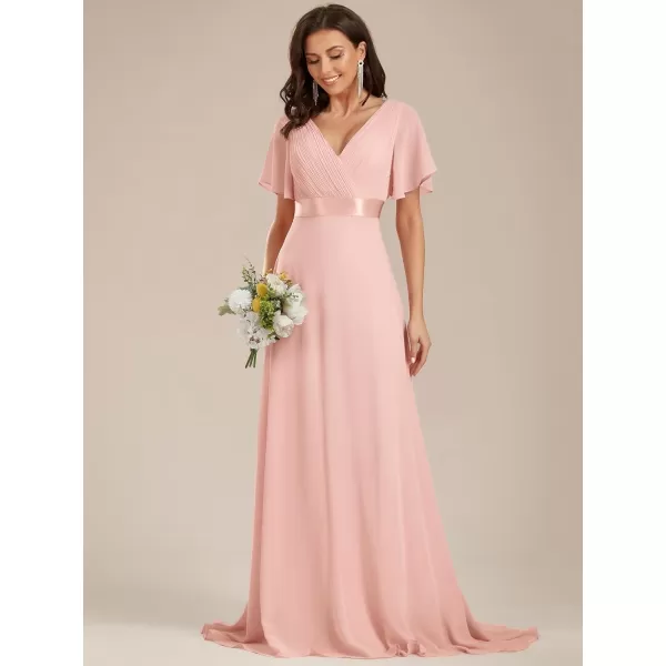 EverPretty Womens Customized Short Sleeve Double VNeck Chiffon Maxi Bridesmaid DressesPink