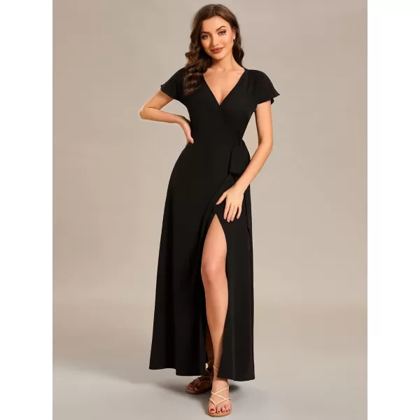 EverPretty Womens Deep V Neck Sash High Low Front Split Summer Beach Dress Maxi Sundress 01827Black