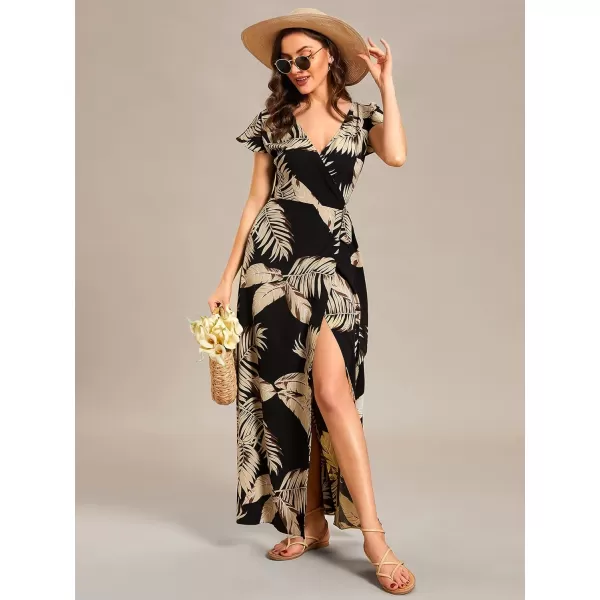 EverPretty Womens Deep V Neck Sash High Low Front Split Summer Beach Dress Maxi Sundress 01827Black Printed